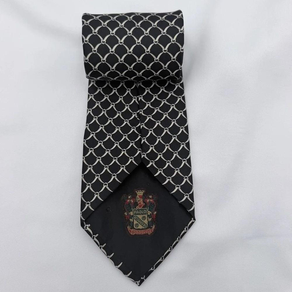 Vintage Paolo Gucci Silk Tie Black Gold Equestrian Chain Link Horsebit Crest